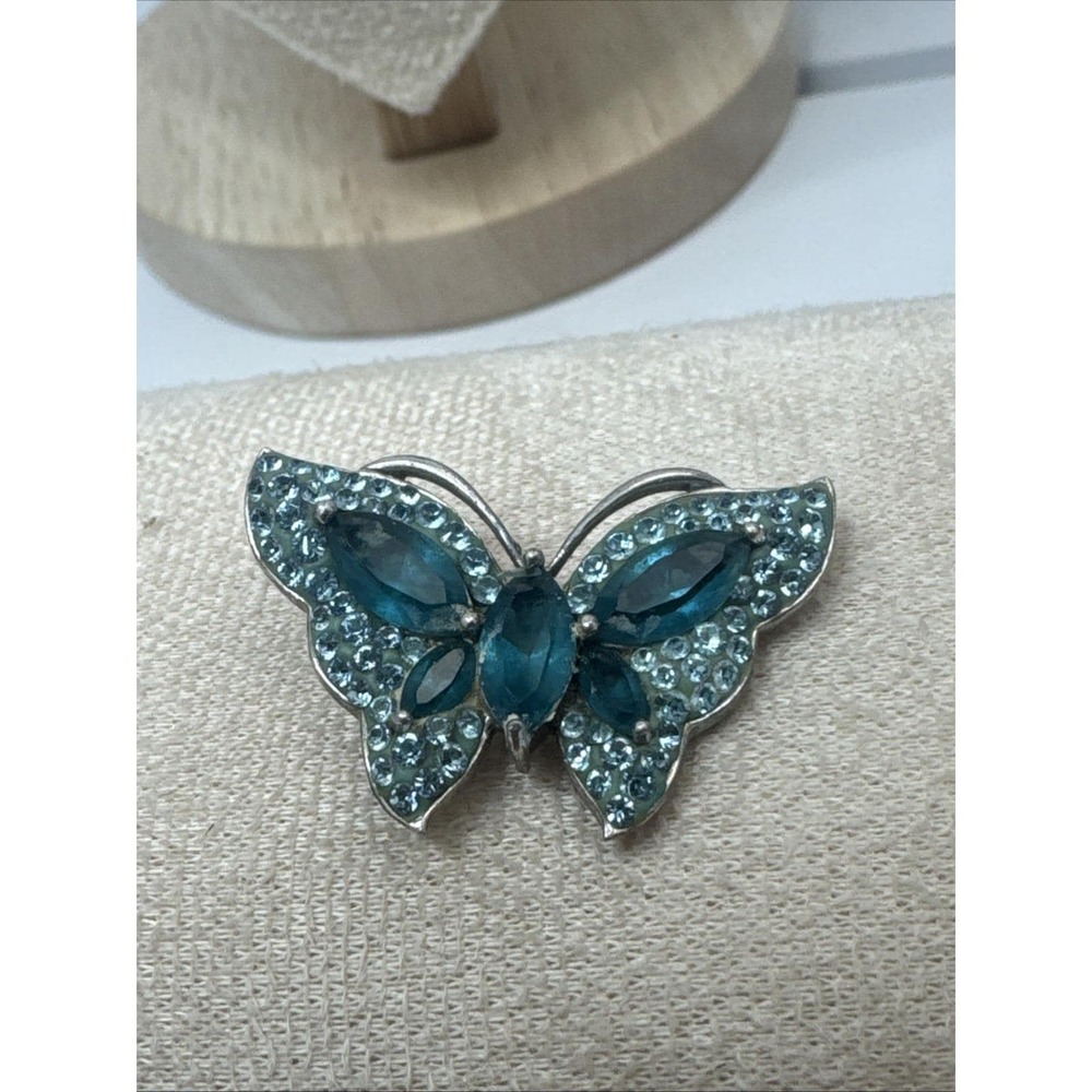 Butterfly Pendant 925 Sterling Silver Fancy Blue Rhinestones & Enamel